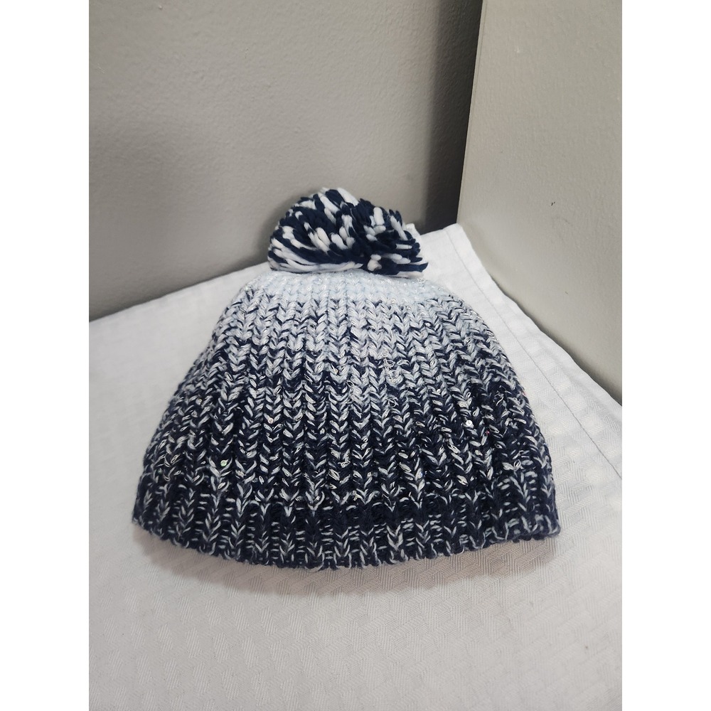 Members Mark Kids Ombre Knit Beanie Hat Blue Sparkle Sequin Faux Fur Lined Pom